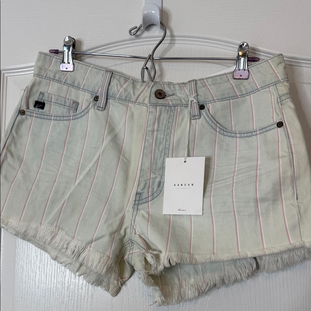 Kancan High Rise Striped Denim Shorts Light Large